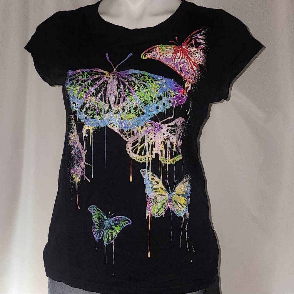 Black, Women's Cut,Glittery, Colorful Pastel, Butterfly Graphic Tee